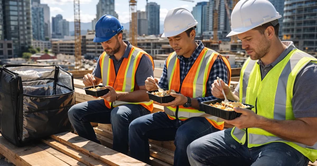 Construction workers on a job site receiving stacked meal delivery boxes for a large crew lunch