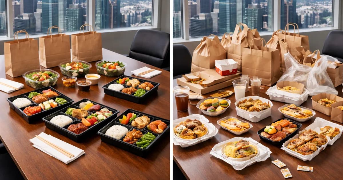 Side-by-side comparison of corporate catering service boxes versus individual UberEats delivery bags