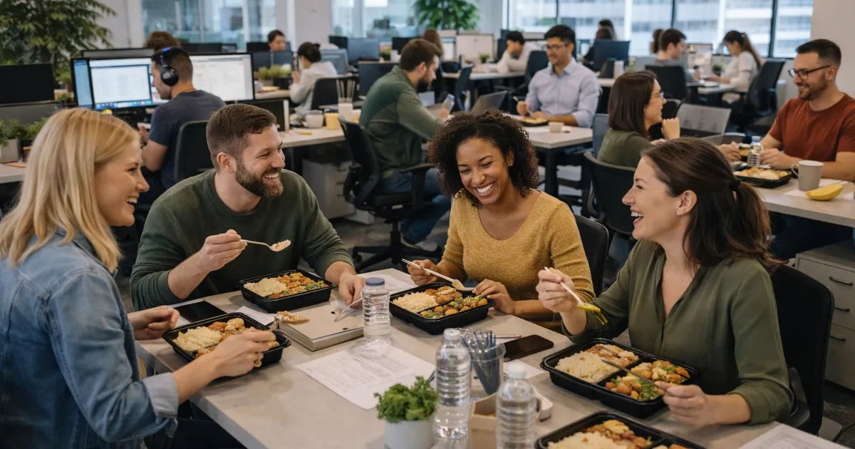 Healthy office meal program serving nutritious food to employees in a bright corporate dining area