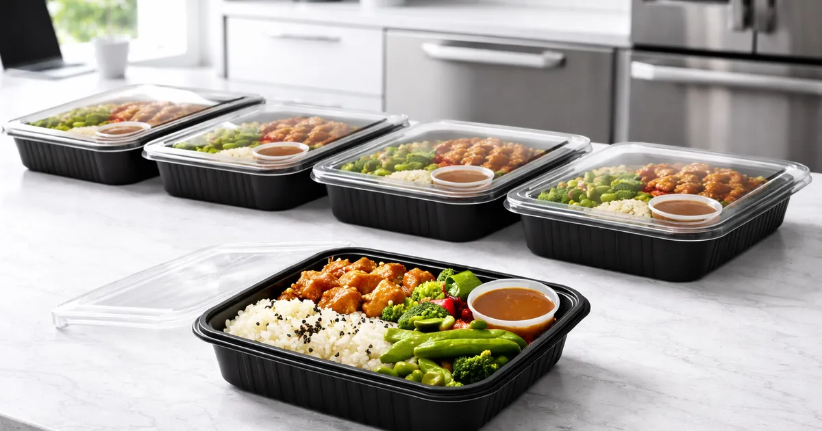 Neat row of meal subscription boxes with balanced Asian meals on a modern office kitchen counter