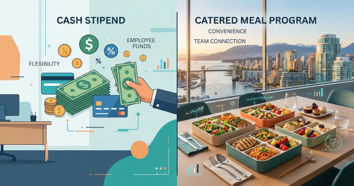 Calculator and spreadsheet comparing lunch stipend costs versus catered meal program expenses