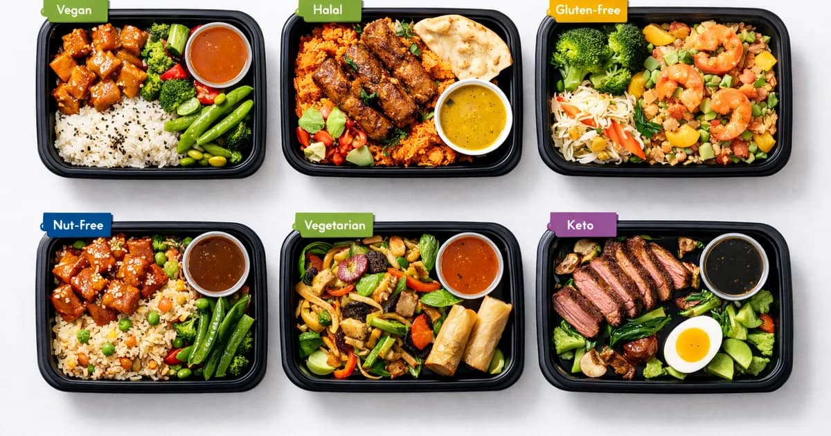 Six different meal boxes with dietary labels showing vegan, halal, gluten-free, and other options