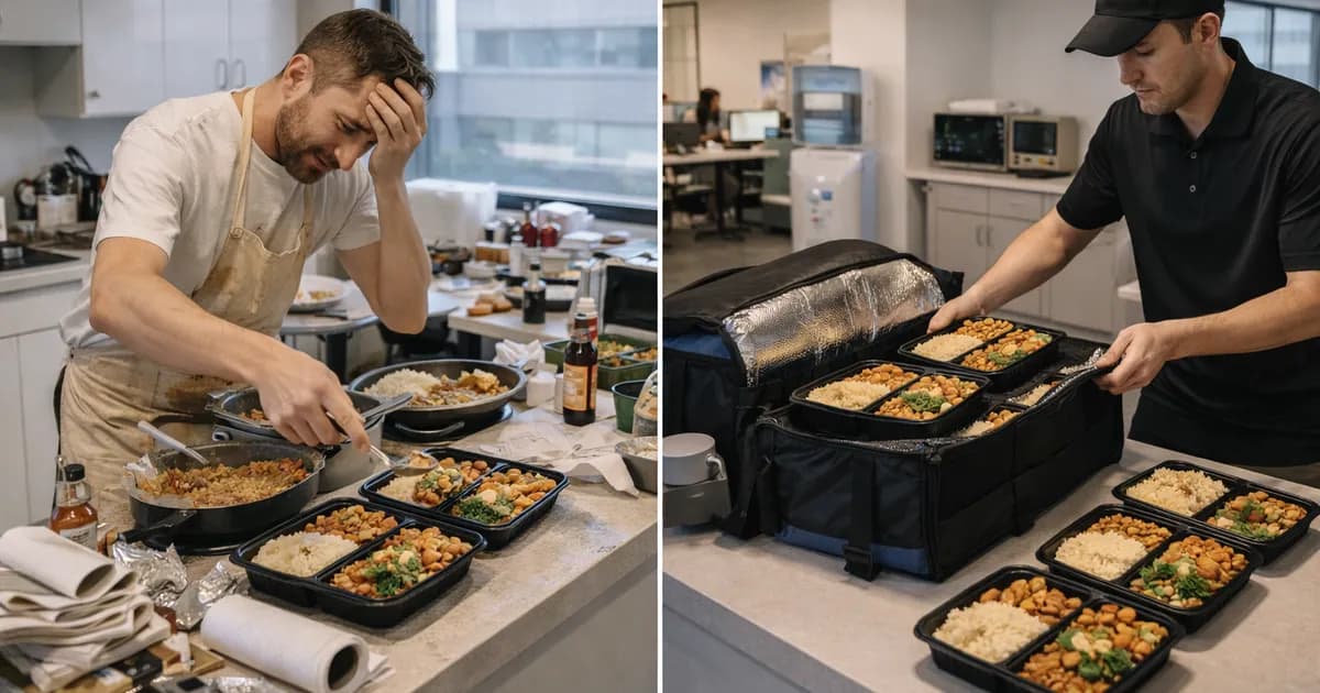 Split view of an in-house office kitchen versus professional outsourced catering service setup