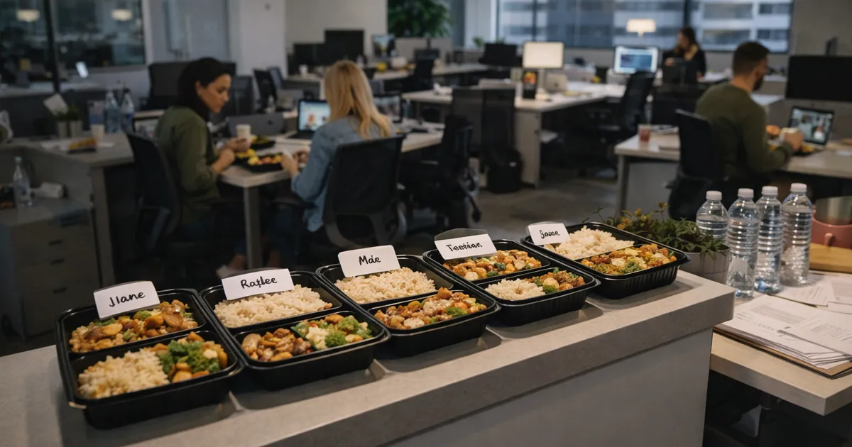 Half-empty modern office with meal delivery boxes ready for a hybrid work team lunch