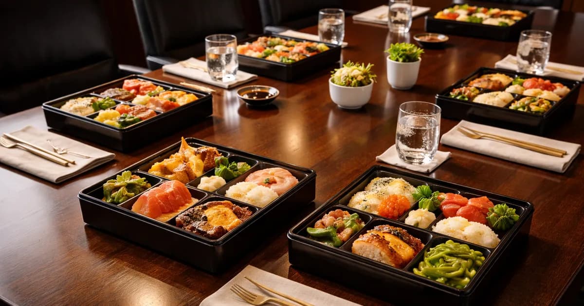 Elegant catered lunch setup in a Vancouver law firm boardroom with premium meal presentation