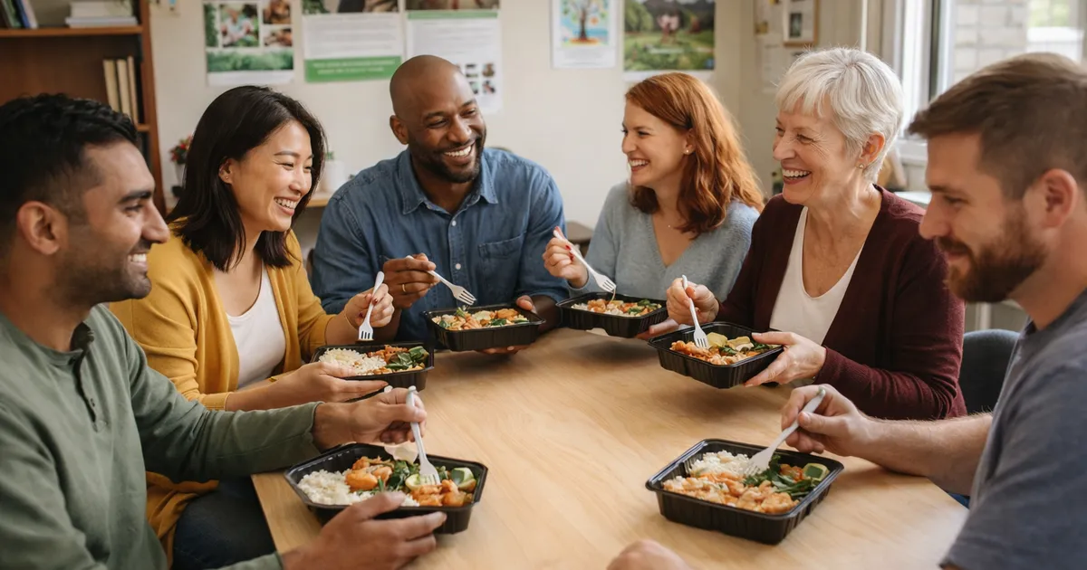 Budget-friendly meal boxes arranged for a nonprofit office team in a modest meeting room