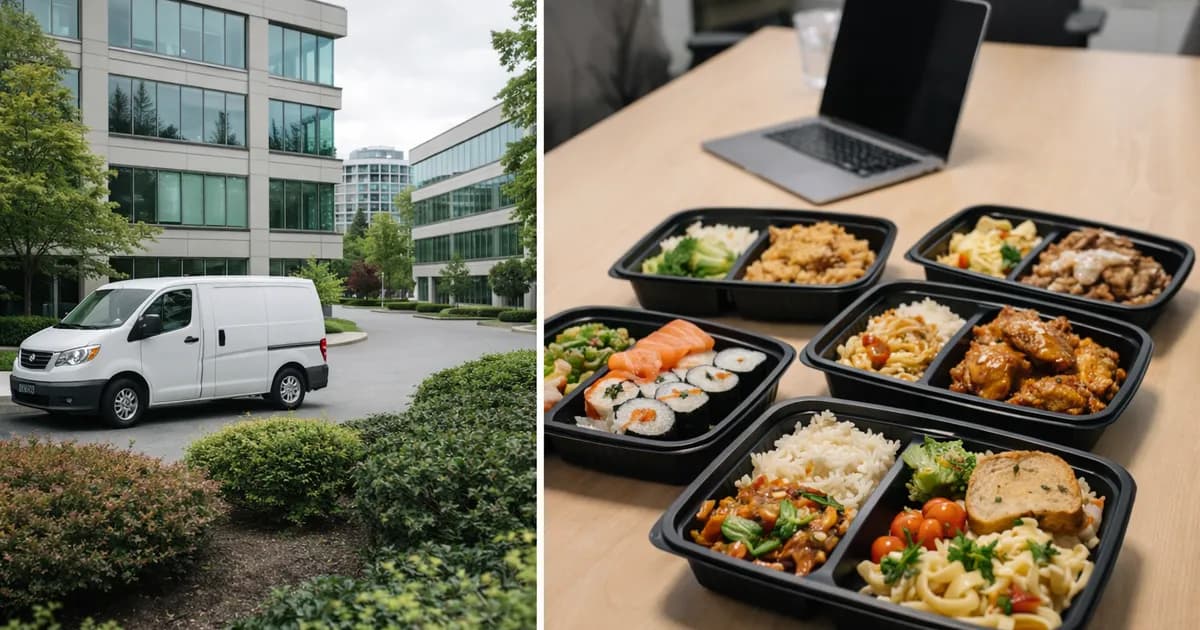 Burnaby office building exterior with catering delivery van and fresh meal boxes being unloaded