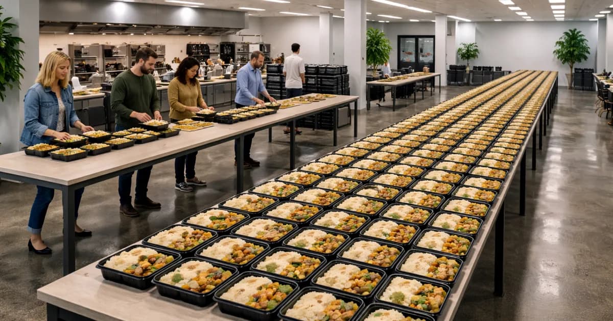 Scalable catering setup showing meal boxes organized from small team portions to large office orders