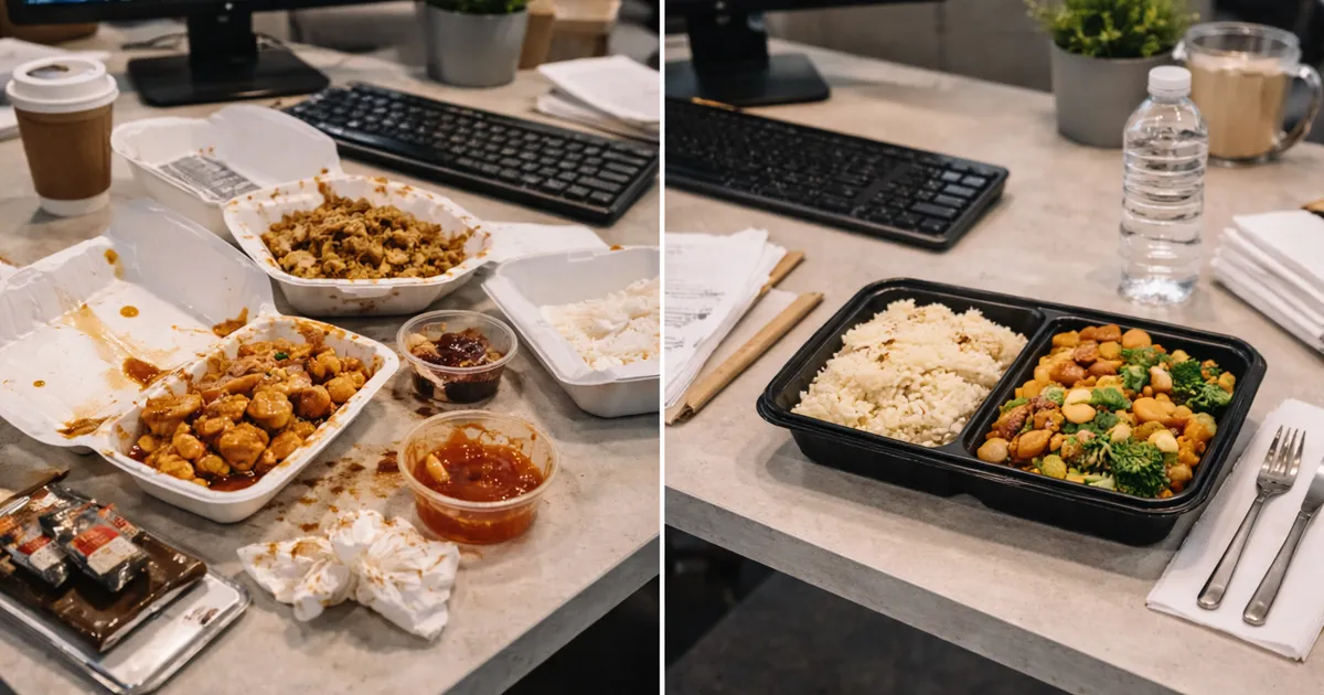 SkipTheDishes delivery bags next to organized dedicated meal program containers on office counter