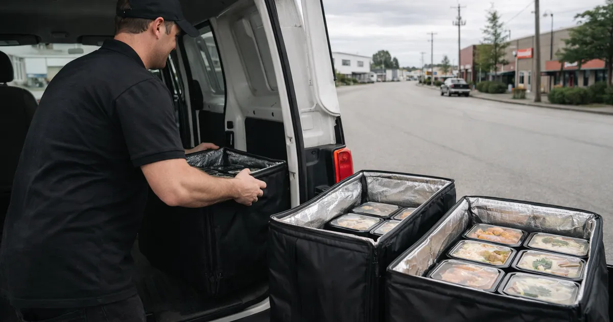 Delivery van bringing corporate lunch boxes to a Surrey office building in a commercial area