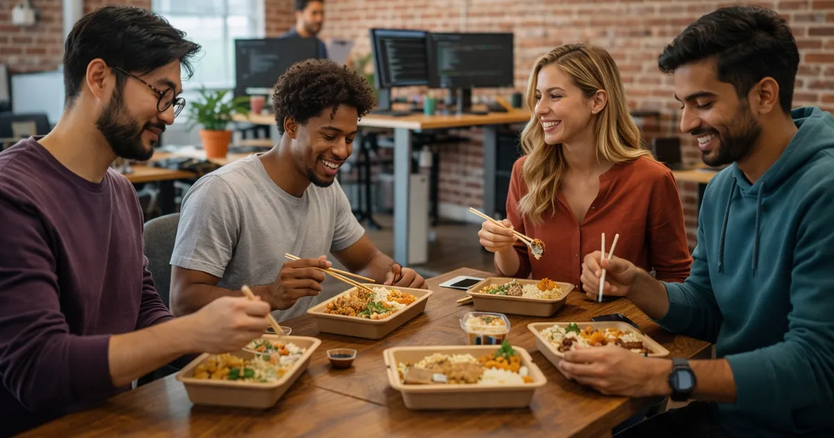 Tech startup employees enjoying diverse catered lunch in a modern open-plan office with screens