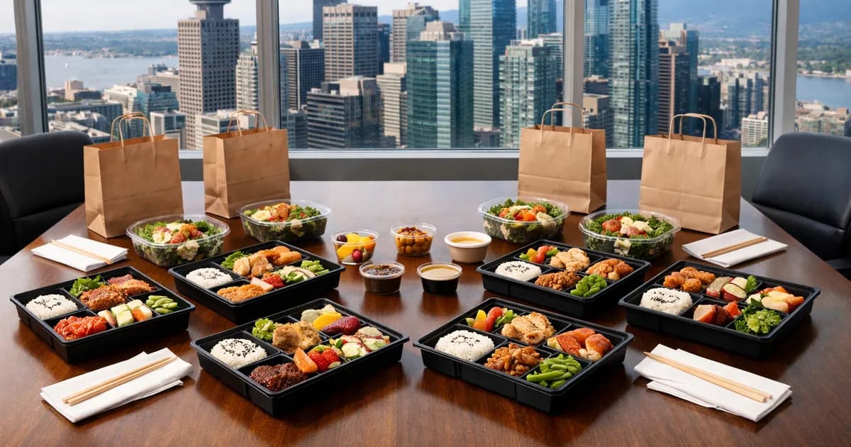 Variety of multicultural office lunch delivery options arranged on a Vancouver office break room table
