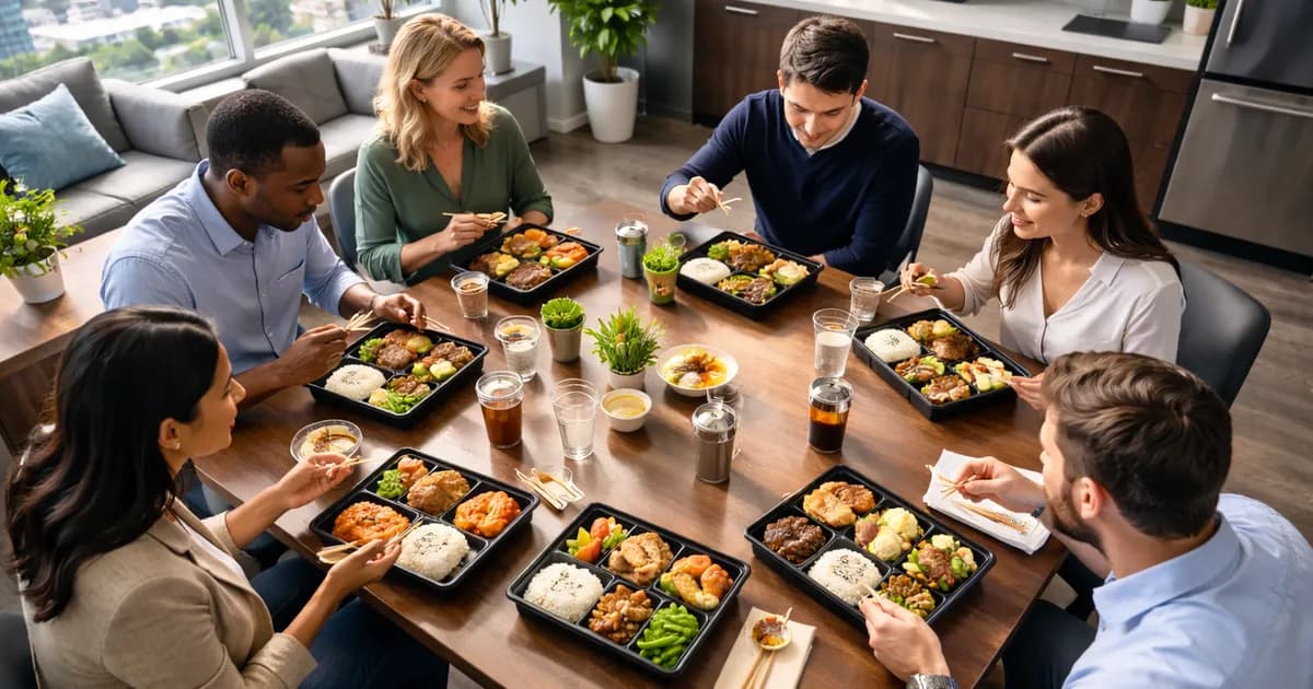 Modern Vancouver office with organized daily meal delivery system and employees eating together