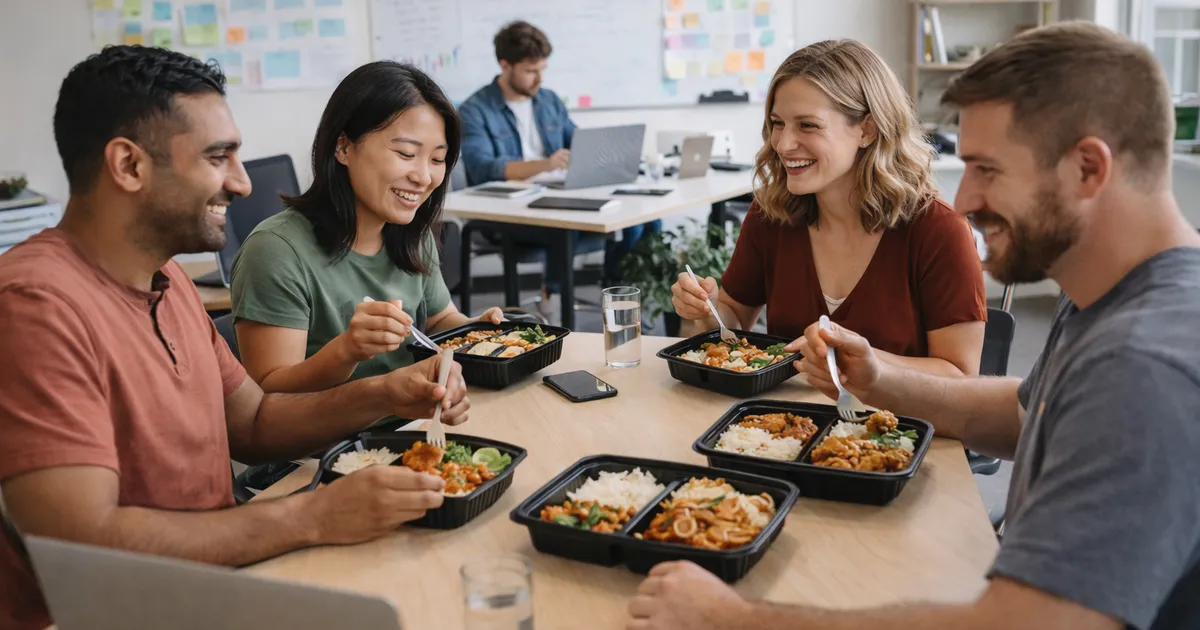 Startup team enjoying affordable catered lunch in a casual Vancouver co-working space